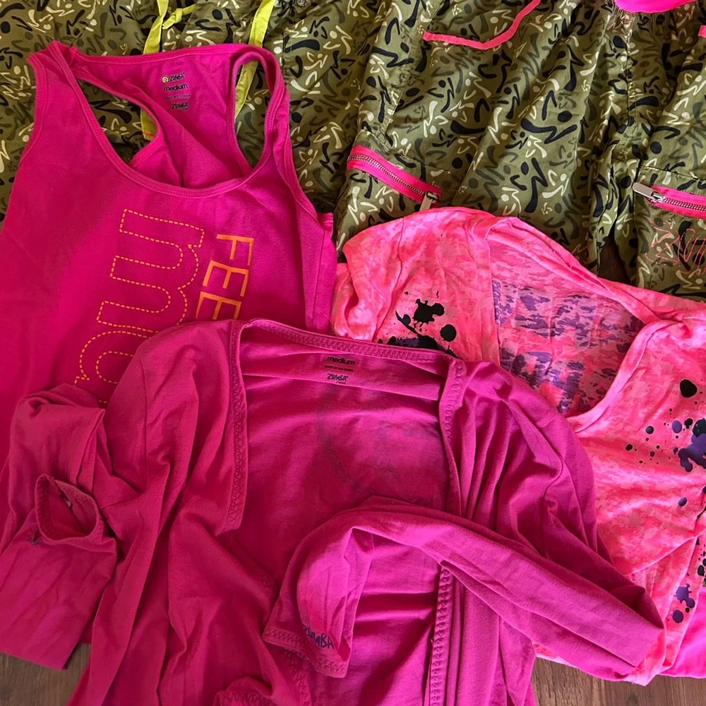 Zumba Fitness Pink Tank, camo cropped pant, camo shorts, light cardigan, fun top - Picture 2 of 14